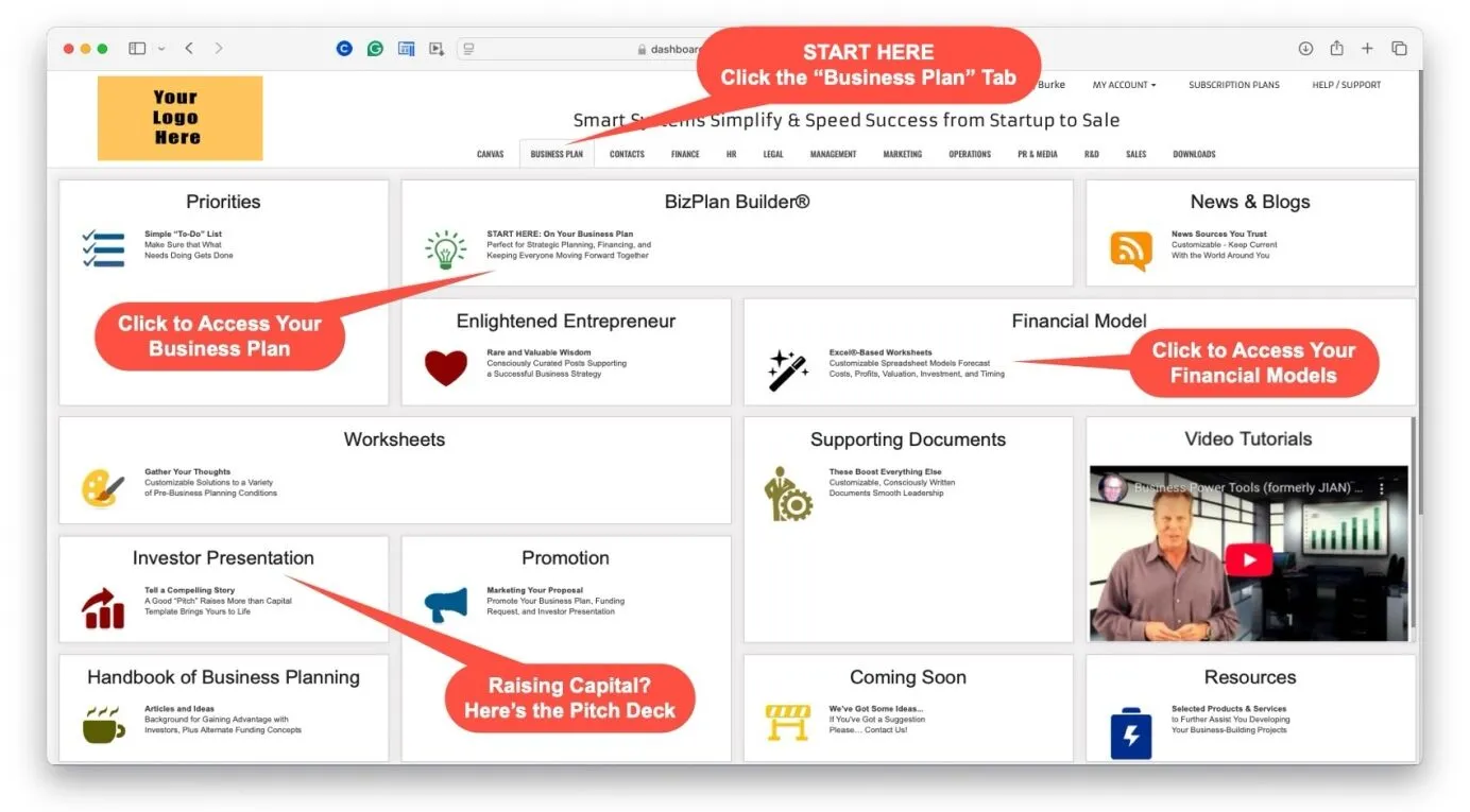 Inside BizPlanBuilder: start on the Business Plan tab, then your financial models and pitch deck