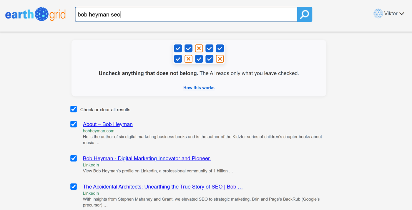 Earthgrid selective search for bob heyman seo, with each result checked or unchecked
